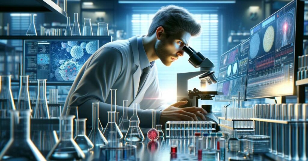 uno scienziato lavora in laboratorio e guarda dentro un microscopio con l'obiettivo di trovare una cura contro il cancro