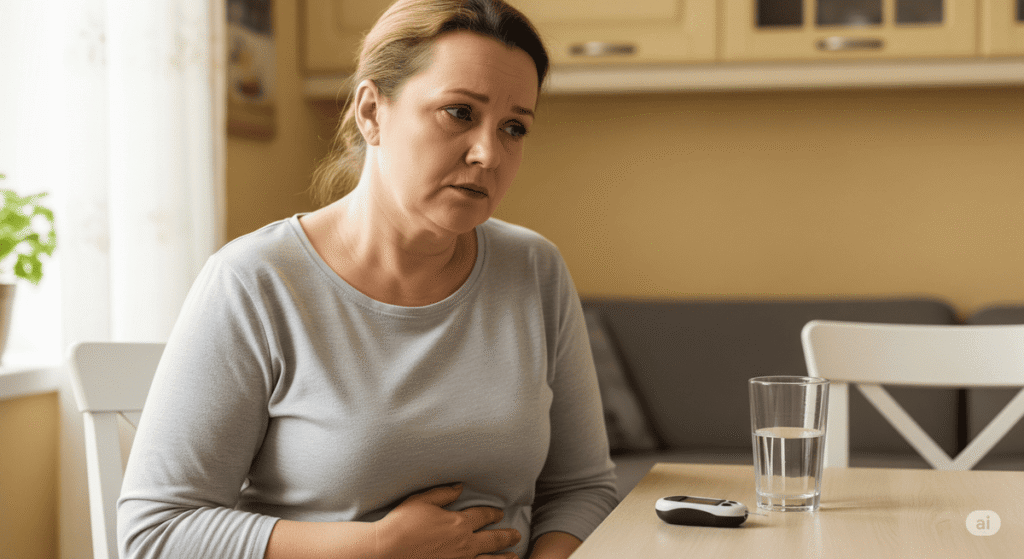 Donna con diabete che tiene la mano sullo stomaco, sintomo di gastroparesi.
