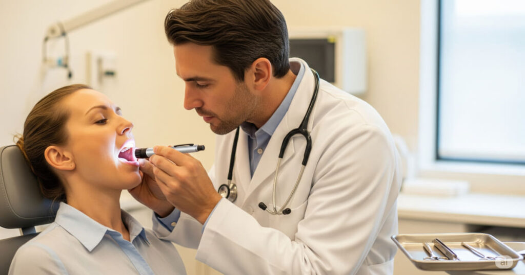 Medico in camice bianco visita la gola di un paziente con una piccola torcia medica, ambiente ambulatorio luminoso