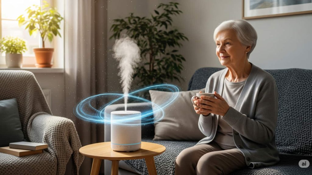 Un anziano sereno seduto accanto a un diffusore di oli essenziali, aria leggera con effetto visivo di mentolo nell’aria, atmosfera luminosa, ambiente domestico rassicurante, in stile realistico, composizione orizzontale”
