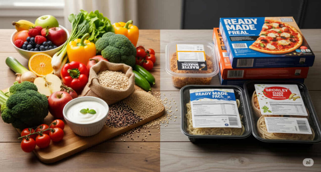 “Tavolo da cucina con ingredienti freschi – frutta, verdura, cereali integrali, yogurt naturale – accanto a piatti pronti industriali in confezione