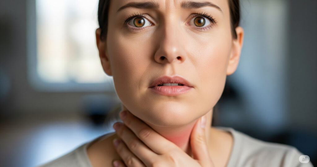 "Primo piano di una donna che tocca la gola con espressione preoccupata, sfondo sfocato, colori naturali, stile fotografico realistico