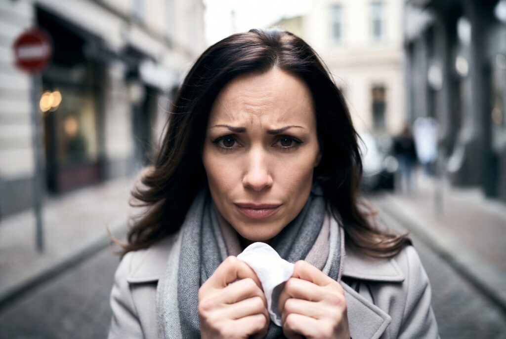 Donna che soffre di raffreddore e freddo.
