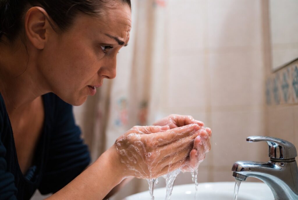 Donna che si lava le mani con il sapone