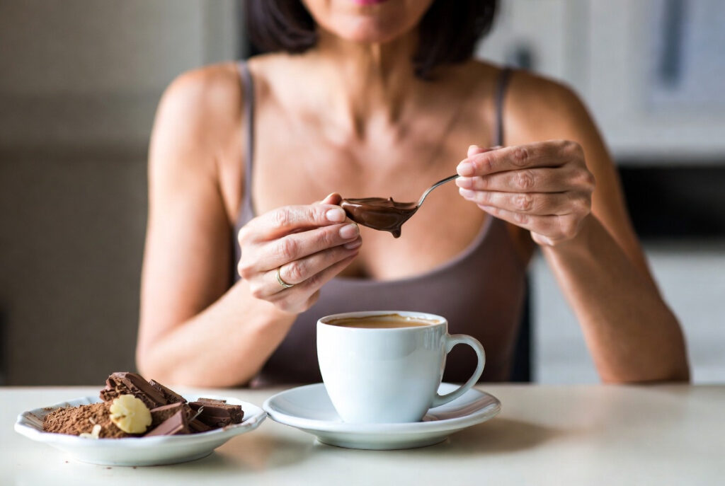 Donna che mangia cioccolato