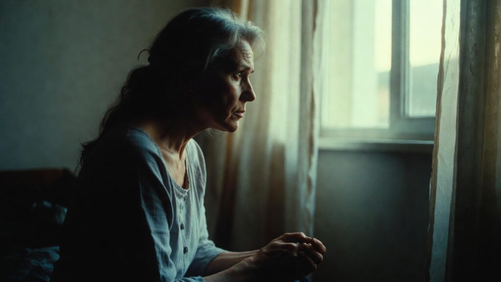 Donna seduta in casa con espressione malinconica, immagine rappresentativa del disturbo da lutto prolungato