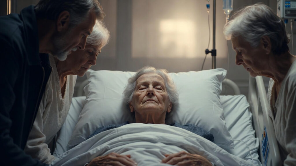Donna che sta per morire in ospedale, con familiari accanto.