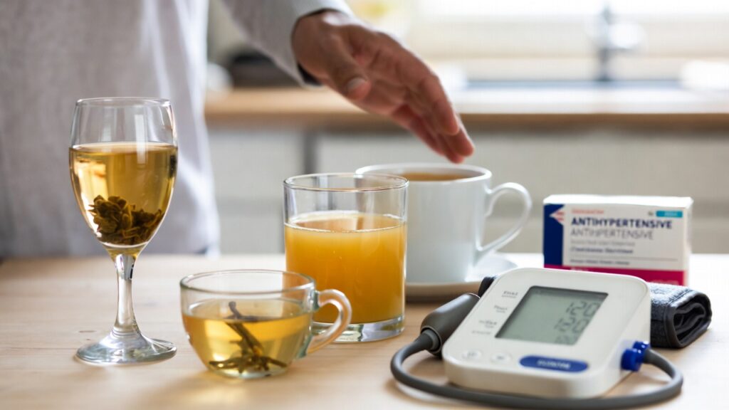 Farmaci per la pressione e bevande comuni sul tavolo, con misuratore di pressione e bicchieri di succo, caffè e vino