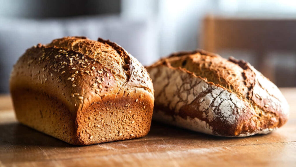 Pane integrale e pane di segale su tavolo, consigliati per persone con diabete