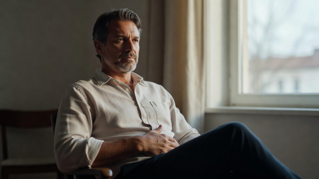 Uomo adulto seduto con espressione pensierosa e lieve disagio, rappresentazione dei sintomi della prostatite cronica.