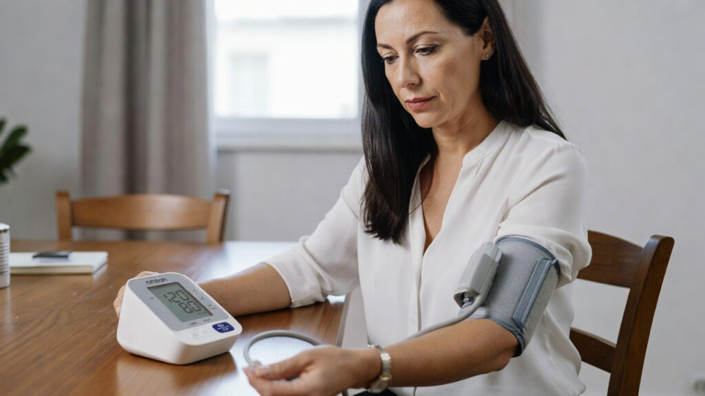 Donna che si misura la pressione