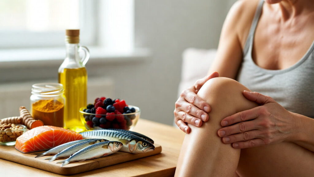 Persona con dolore al ginocchio accanto ad alimenti antinfiammatori utili per proteggere le articolazioni