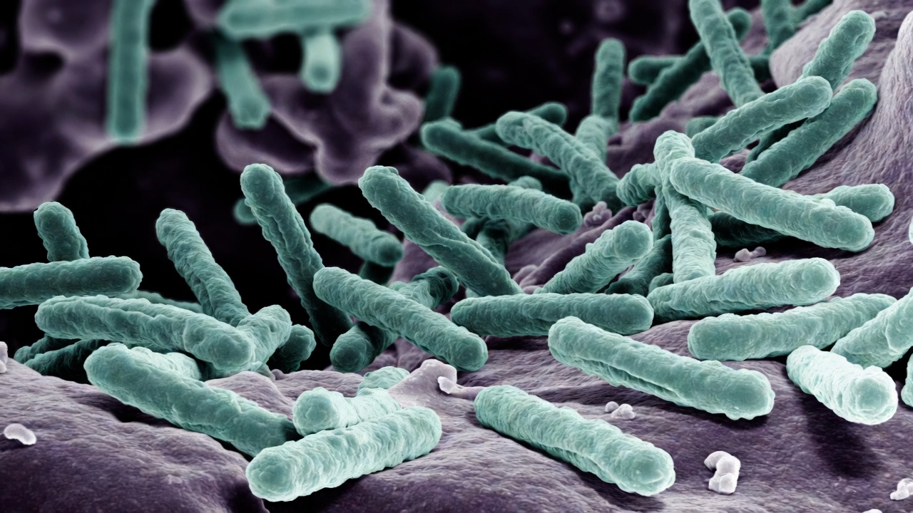 Immagine al microscopio elettronico di batteri intestinali a forma di bastoncello