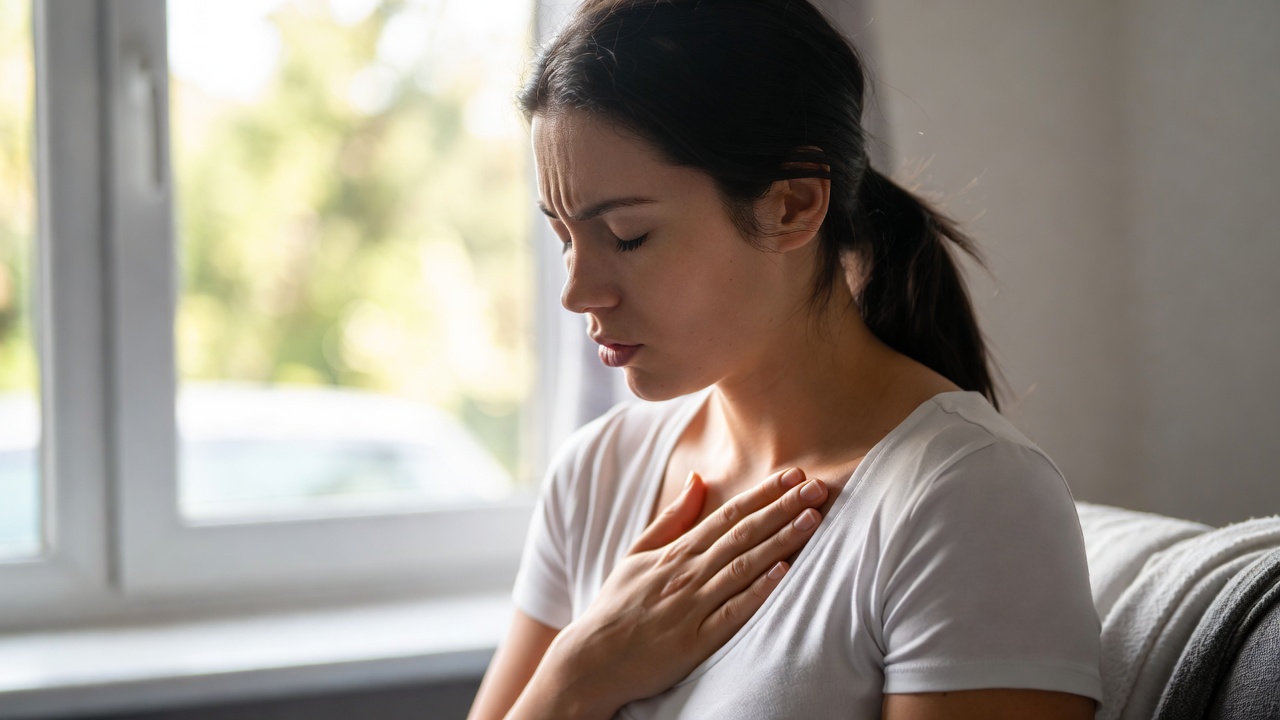 Giovane donna con una mano sul torace durante un momento di difficoltà respiratoria