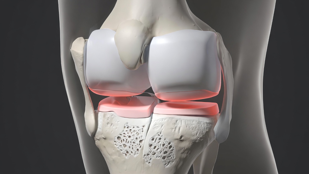 Rendering 3D di un'articolazione del ginocchio con lo strato di cartilagine articolare evidenziato