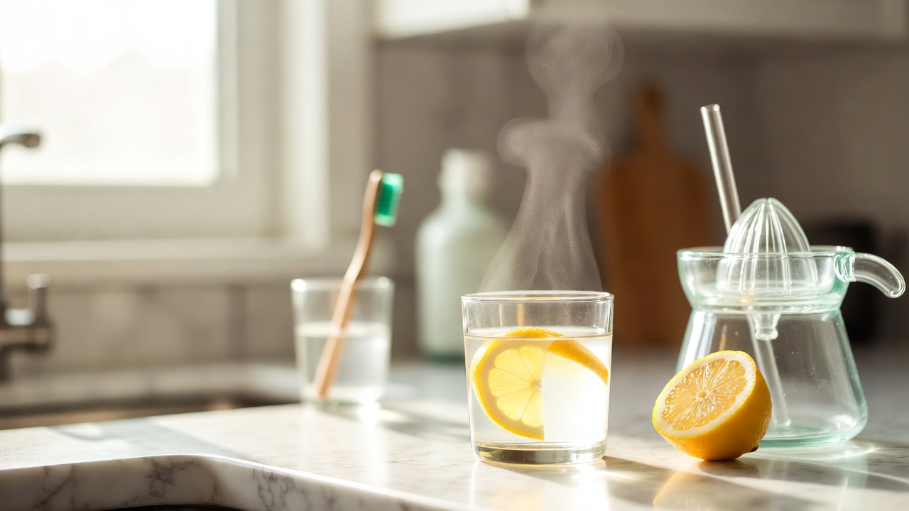 Bicchiere di acqua tiepida con limone su un piano di cucina, con spazzolino e cannuccia sullo sfondo, per l’articolo su acqua e limone ed erosione dello smalto dentale