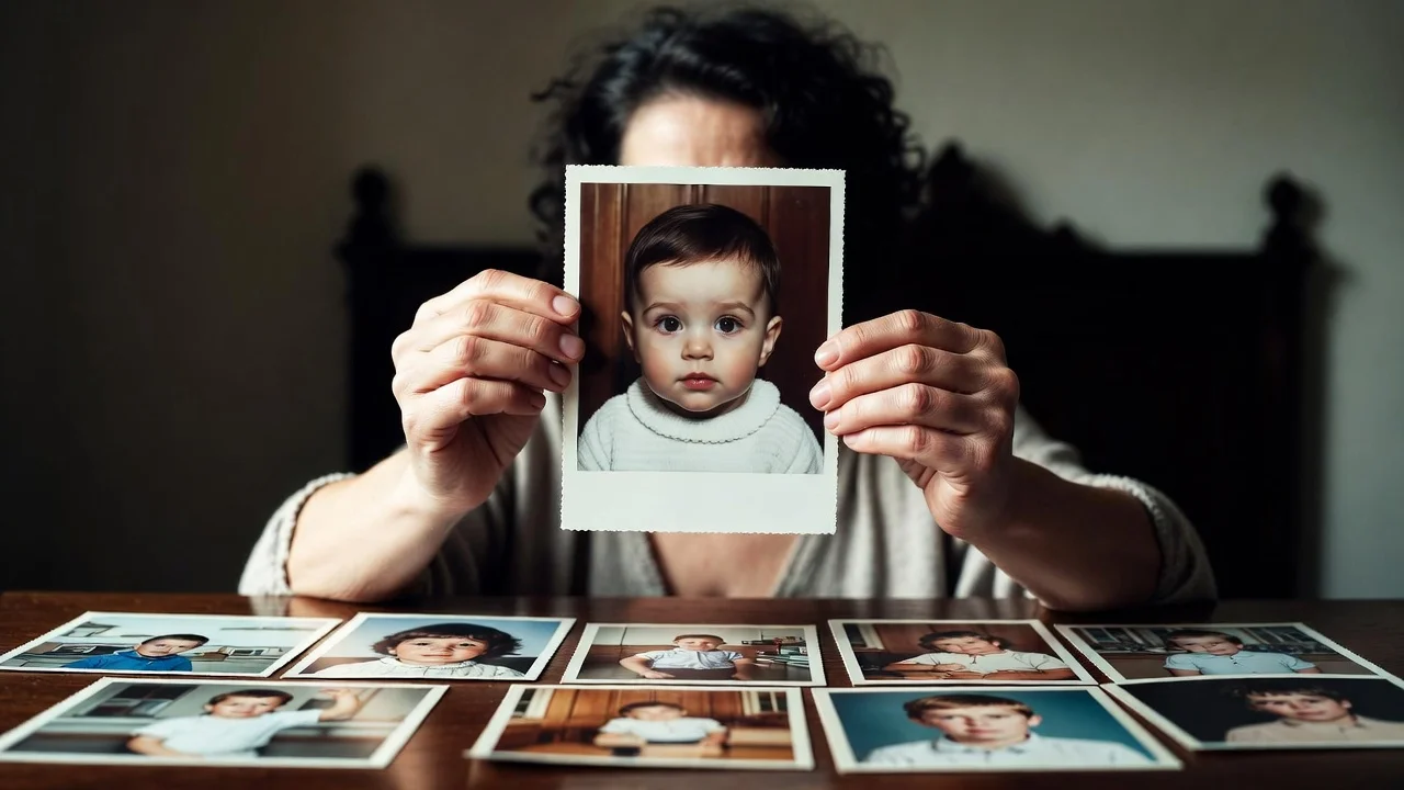 Persona adulta osserva fotografie dell'infanzia, immagine illustrativa dell'amnesia infantile e dei primi ricordi