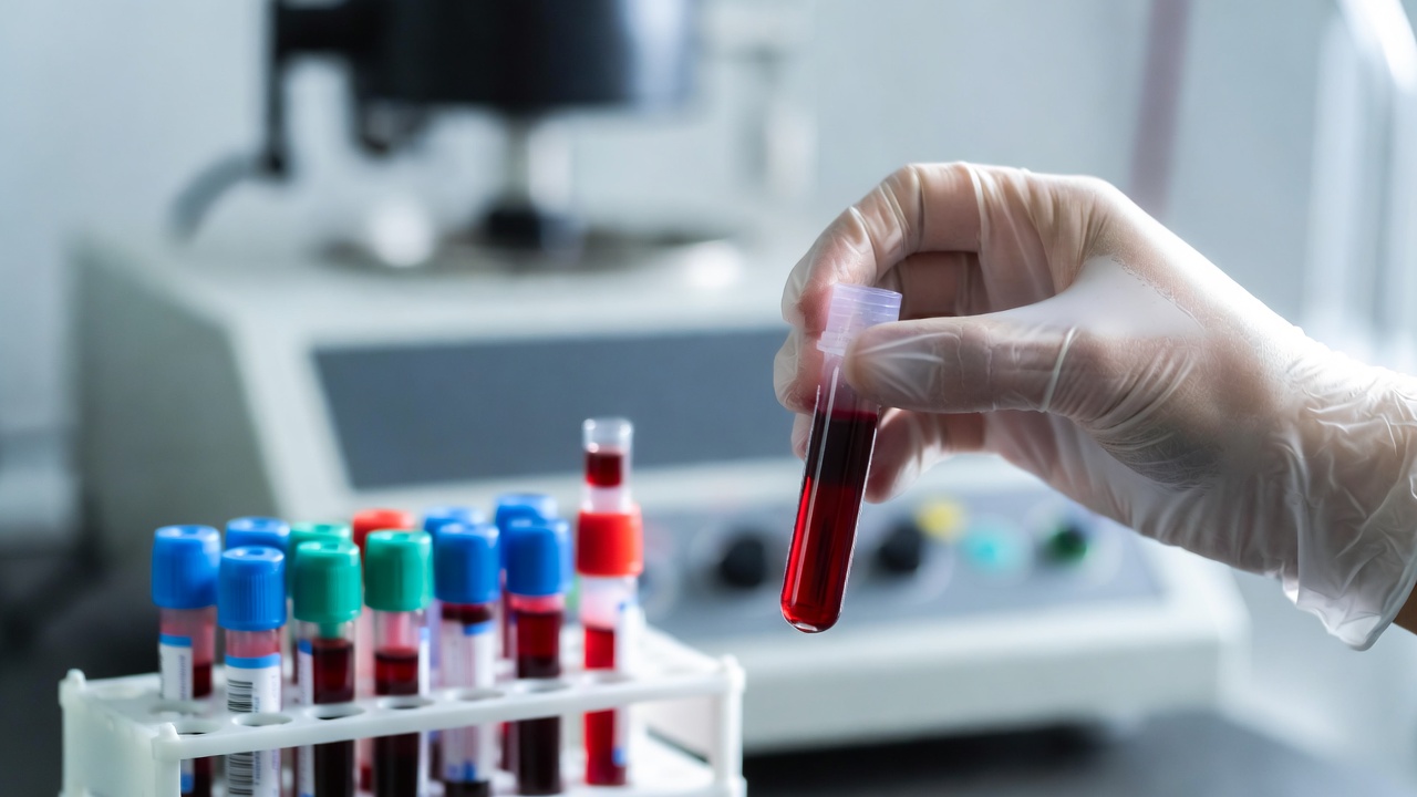 Provetta di sangue in un laboratorio di analisi, per lo studio sulle lipoproteine e il rischio di infarto