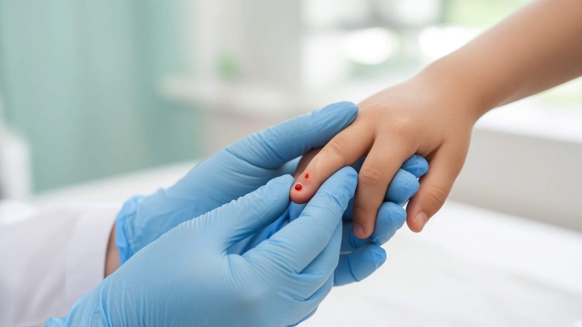 Mani con guanti medici tengono la mano di un bambino durante un prelievo capillare dal polpastrello, goccia di sangue sul dito, senza volti.