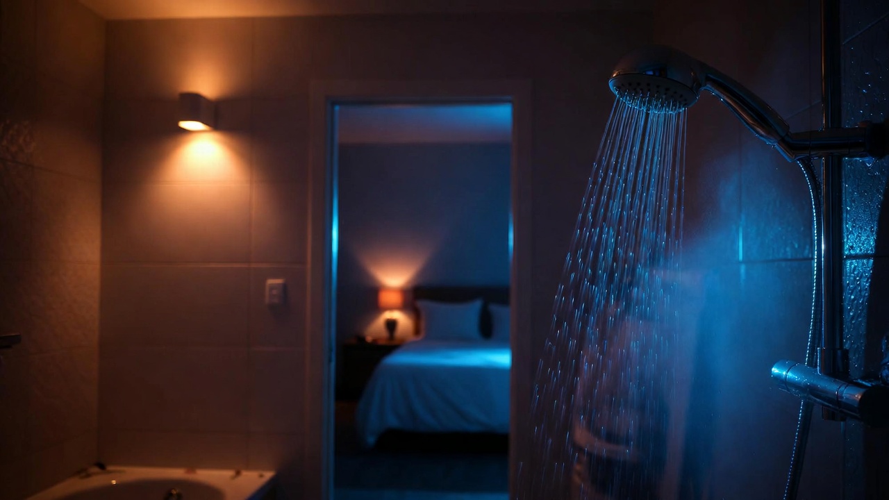 Doccia con vapore leggero e camera da letto in penombra sullo sfondo, per l’articolo su quando fare la doccia calda prima di dormire