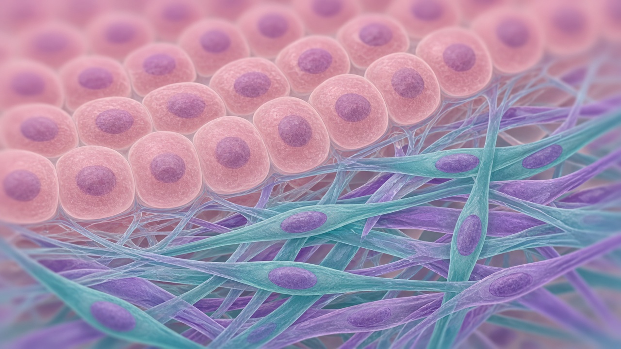 Illustrazione generata con AI: cellule epiteliali rosa circondate da una fitta rete di cellule stromali allungate in verde acqua e viola