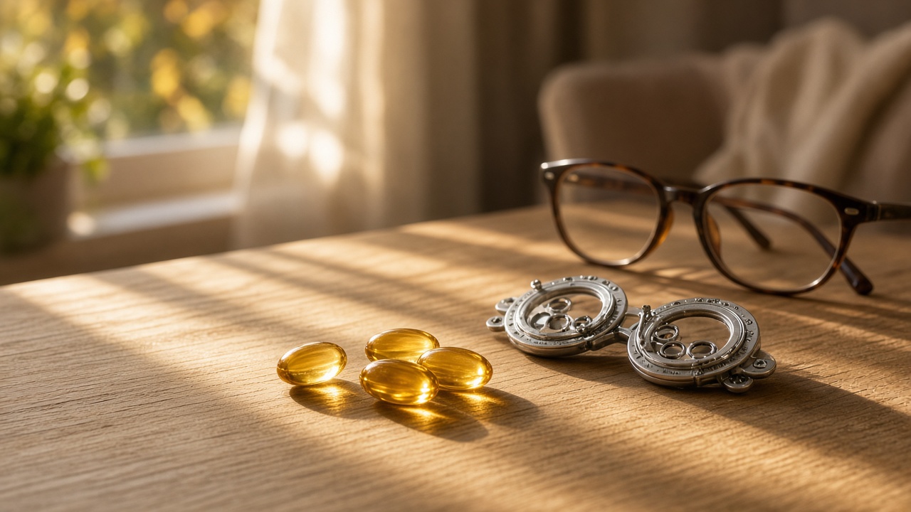 Illustrazione generata con AI: capsule gialle simili a vitamina D accanto a lenti di prova oculistiche e occhiali su un tavolo di legno alla luce del sole
