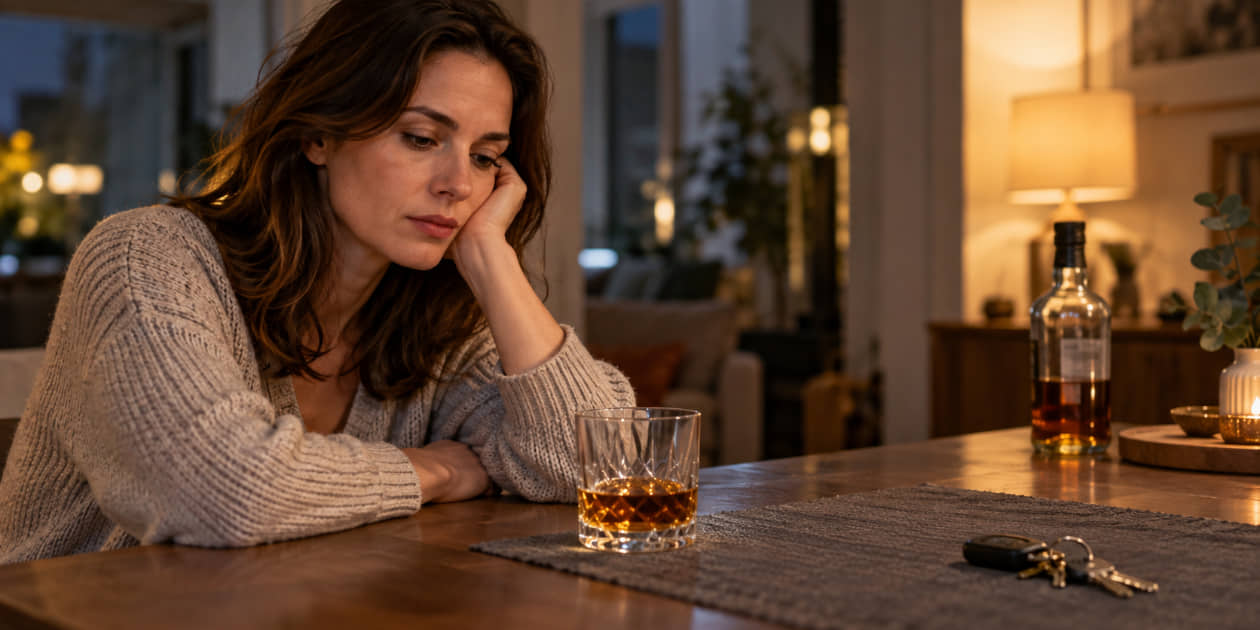 Giovane donna davanti a un bicchiere di whisky con le chiavi appoggiate sul tavolo